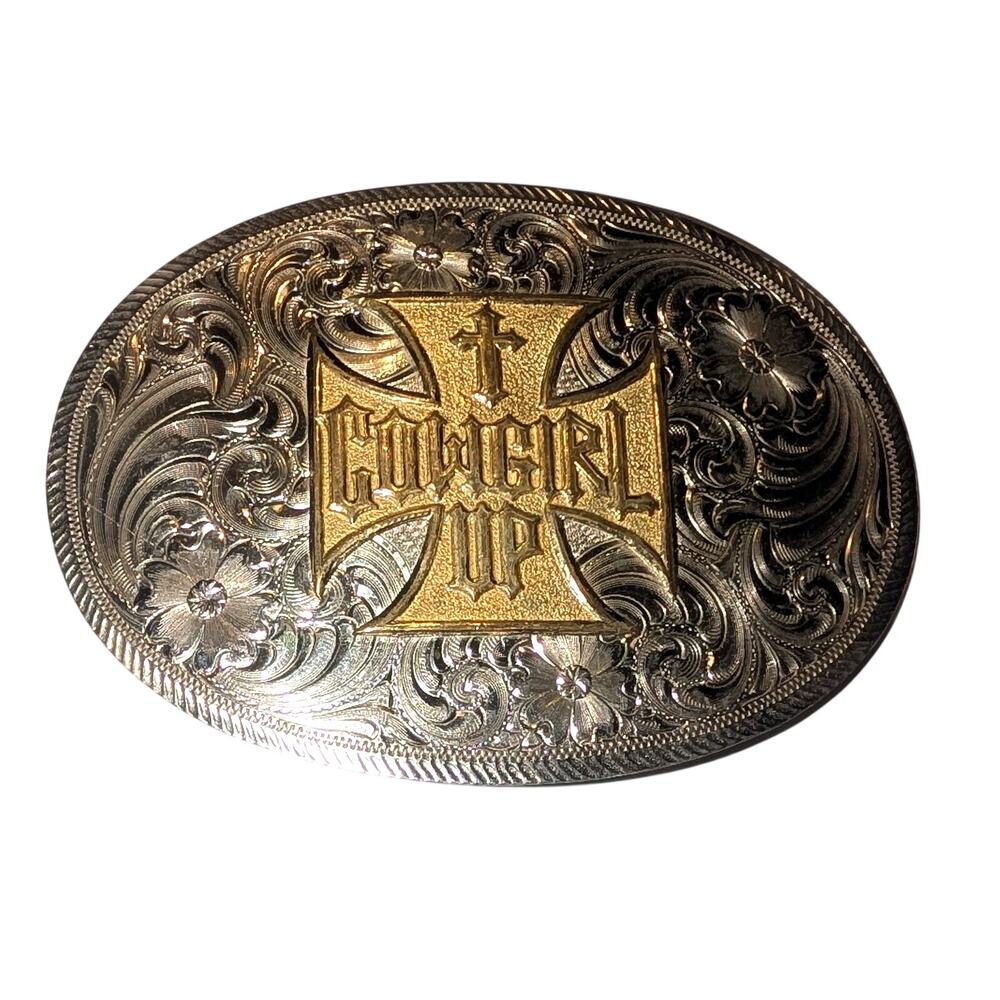 Montana Silversmiths Cowgirl Up Cross Belt Buckle Two-tone Western Engraved - Picture 6 of 8